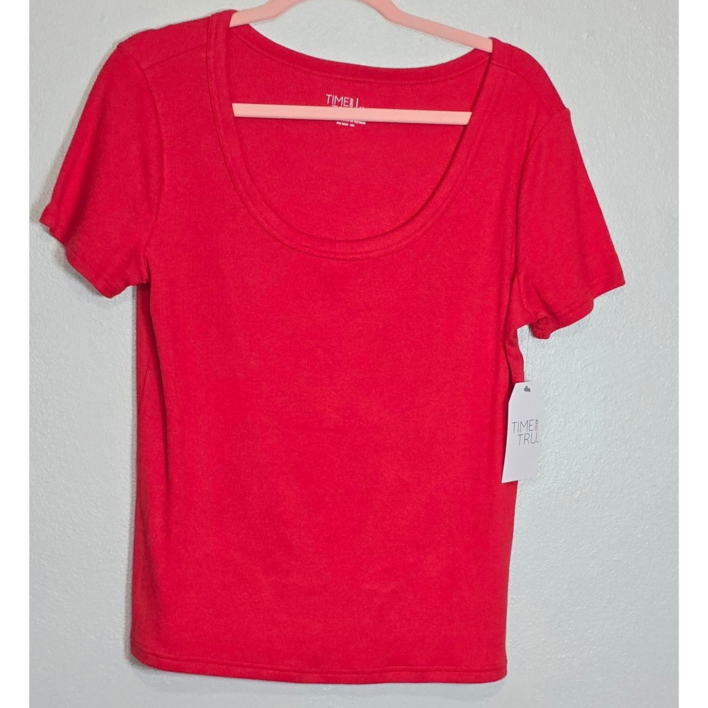 Time & Tru Women XL Red Ribbed Scoop Neck T-Shirt Cotton Modal Short Sleeve NWT